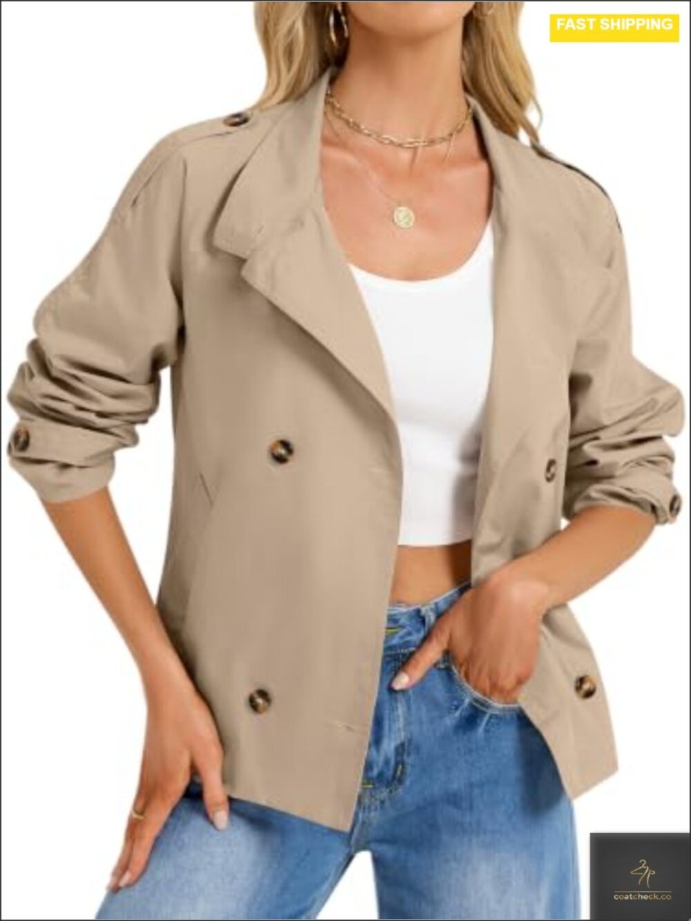 Women's Cropped Trench Coat Double Breasted High Collar Short Jacket